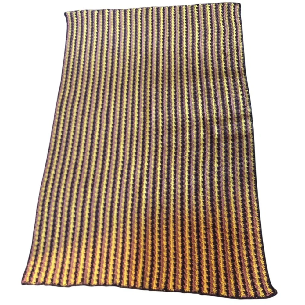 VINTAGE 70s Handmade Crochet Striped Fall Colors Knit Blanket Mustard Tan Brown